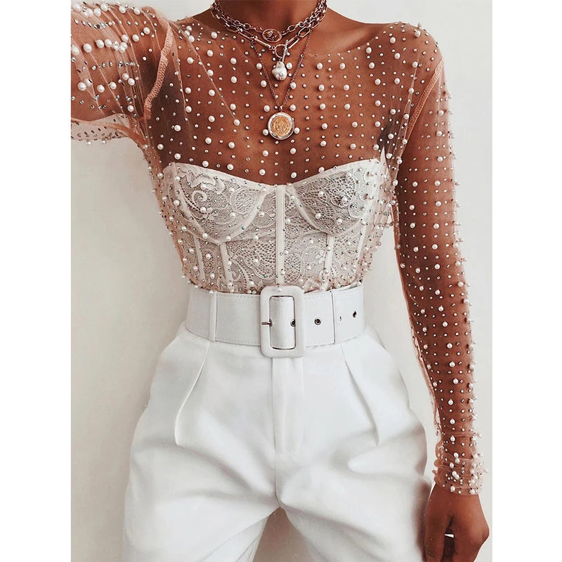 Camiseta feminina sexy transparente Gtpdpllt, malha, patchwork, diamantes, pérolas, slim, tops curtos elegantes, roupas femininas de primavera
