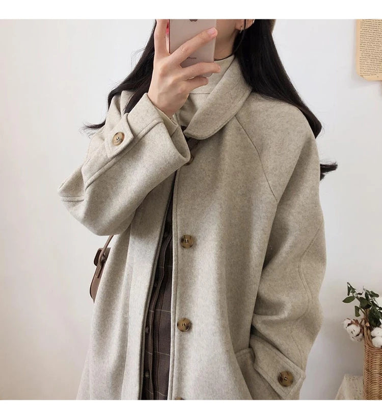 Autumn Winter Korean Style Loose Woolen Coat 2025 Slimming Knee-Length Tweed Women's Mid-Length Elegant Outerwear