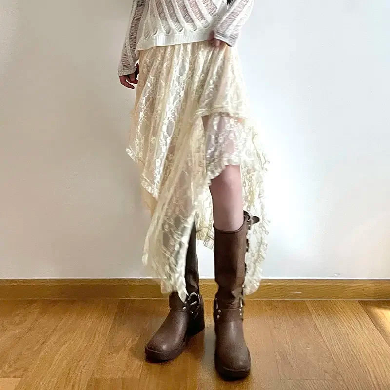 Saia assimétrica de renda Fairycore feminina vintage Y2K Boho estética moda cintura alta saias médias femininas roupas de férias
