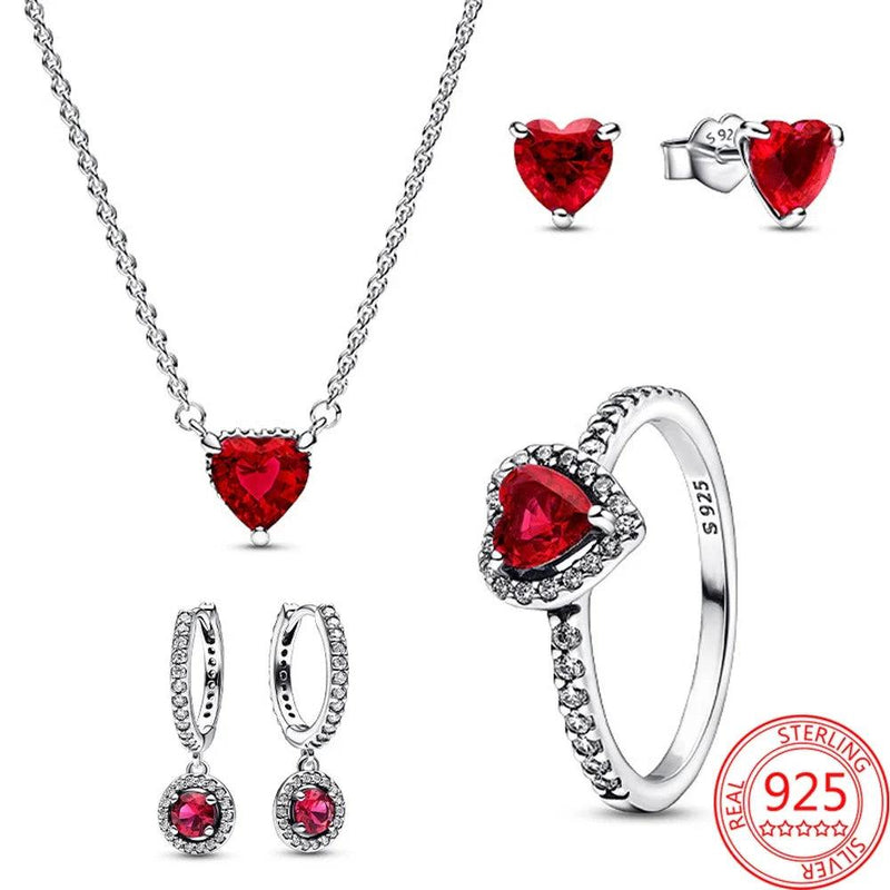 New 925 Sterling Silver Sparkling Heart Halo Pendant Collier Necklace Red Heart Ring Round Hoop Earrings Women Jewelry Set Gift - CRAVO ROSE