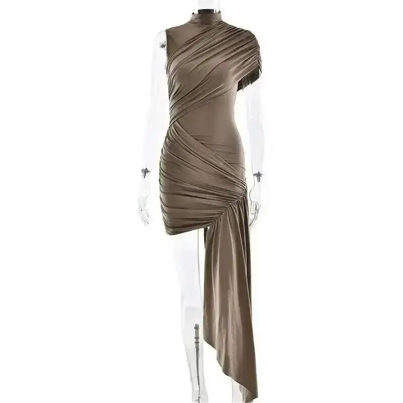 Balitops Summer Draped Ruched Sexy Mini Dress Women 2025 New Irregular High Waist Slim Fit Dress Female Elegant Club Tank Dress