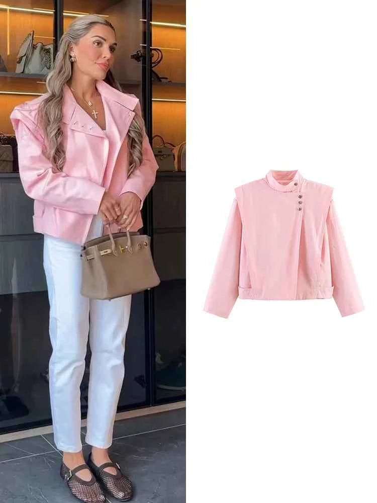 TFMLN Women Pink Stand-up Collar Jacket 2026 Trendy High Street Elegant Single-breasted Loose Coat Female Chic Outerwear ﻿
