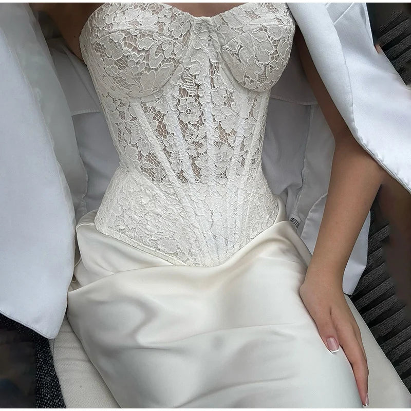 Conjuntos elegantes de renda e cetim com top e saia longa femininos, blusa justa e ombro de fora, robes femininos para festa de verão e noite