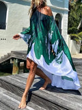 Printed Dresses Women 2025 Summer New Sloping Shoulders Loose Casual Beach Vacation Irregular Dress Fashion Beachwear Vestidos