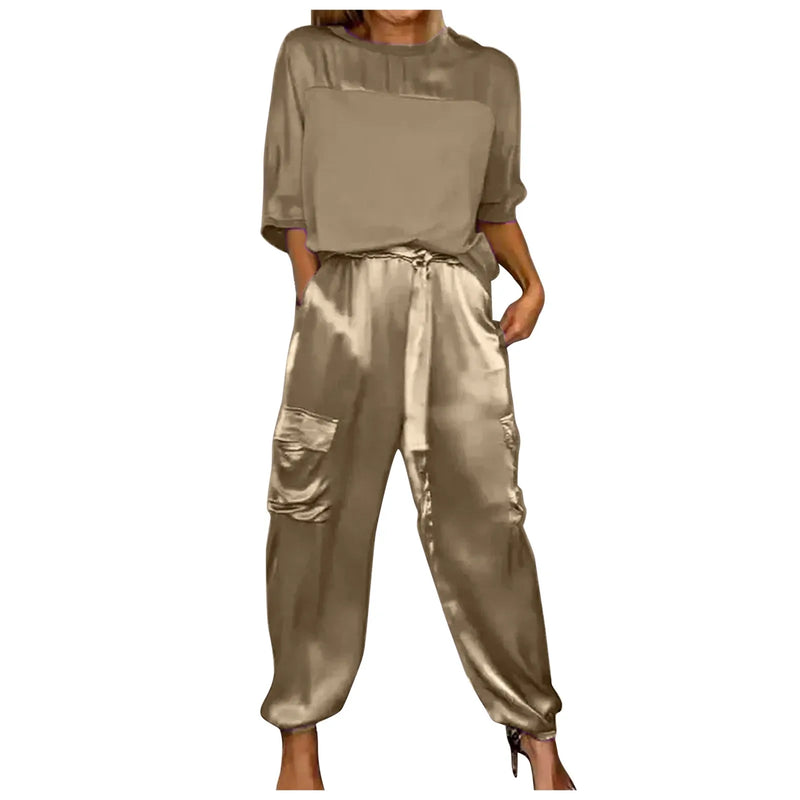 Women Smooth Satin Half Sleeve Top And Pants Set Women Casual Summer Satin Pajama Set solid color party Glossy Outfits - CRAVO ROSE