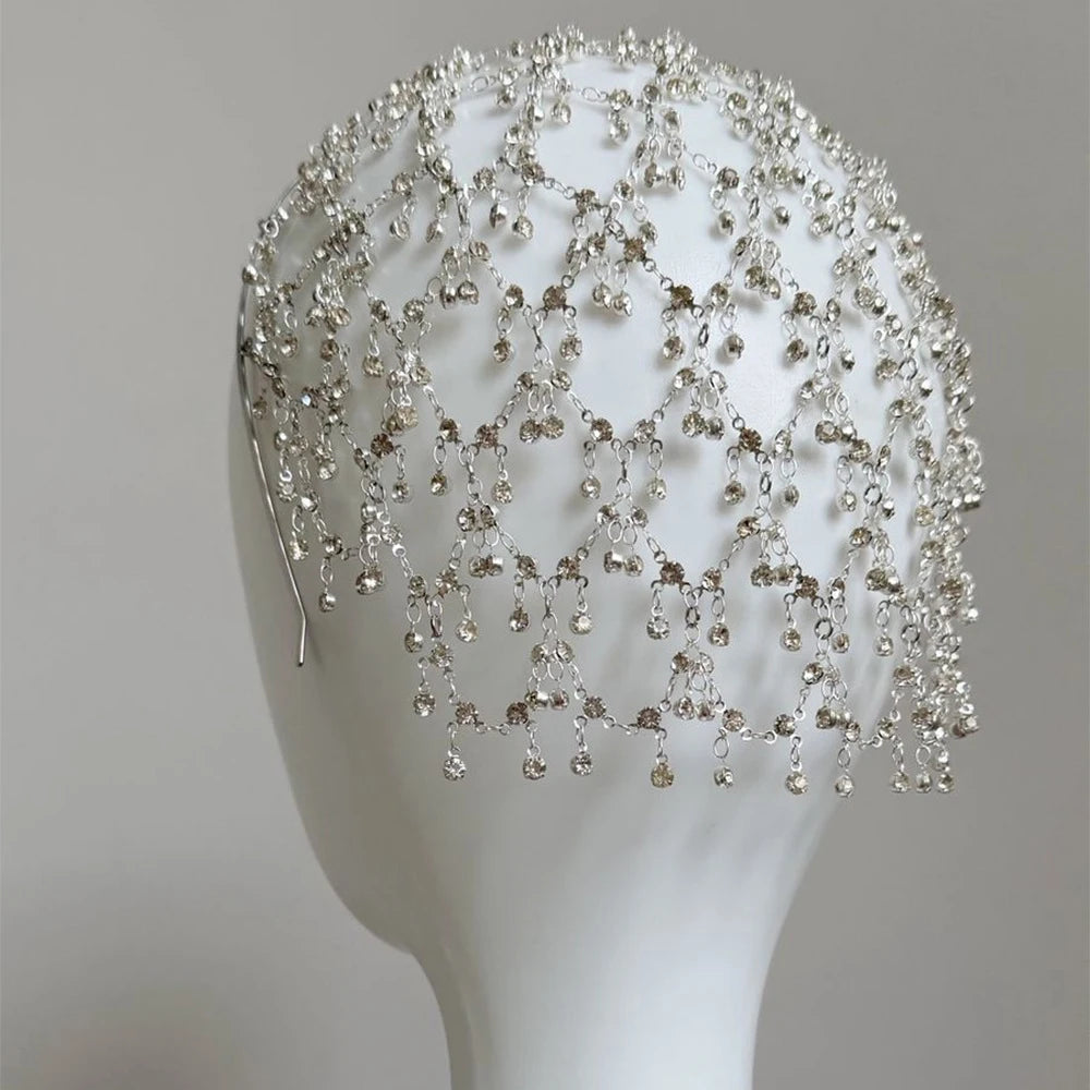 Fashion Round Crystal Mesh Forehead Headband Wedding for Women Handmade Bridal Hollow Rhinestone Hair Chain Hat Boho Accessories