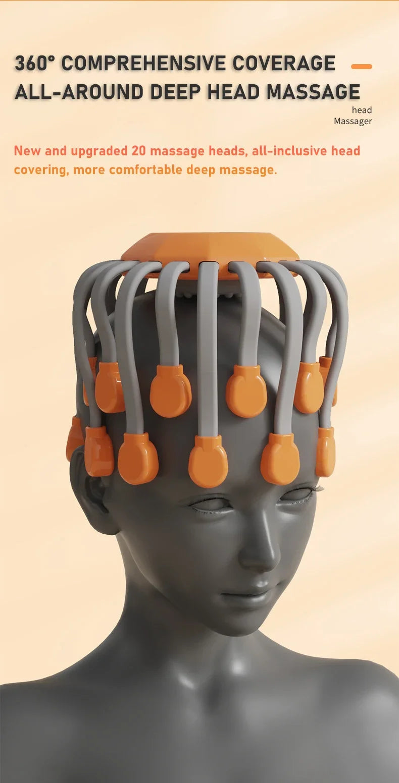 20 Cabeças de Massagem Massageador de Couro Cabeludo Laranja Vibrador de Luz Vermelha Polvo Arranhador para Relaxamento Estresse Enxaqueca