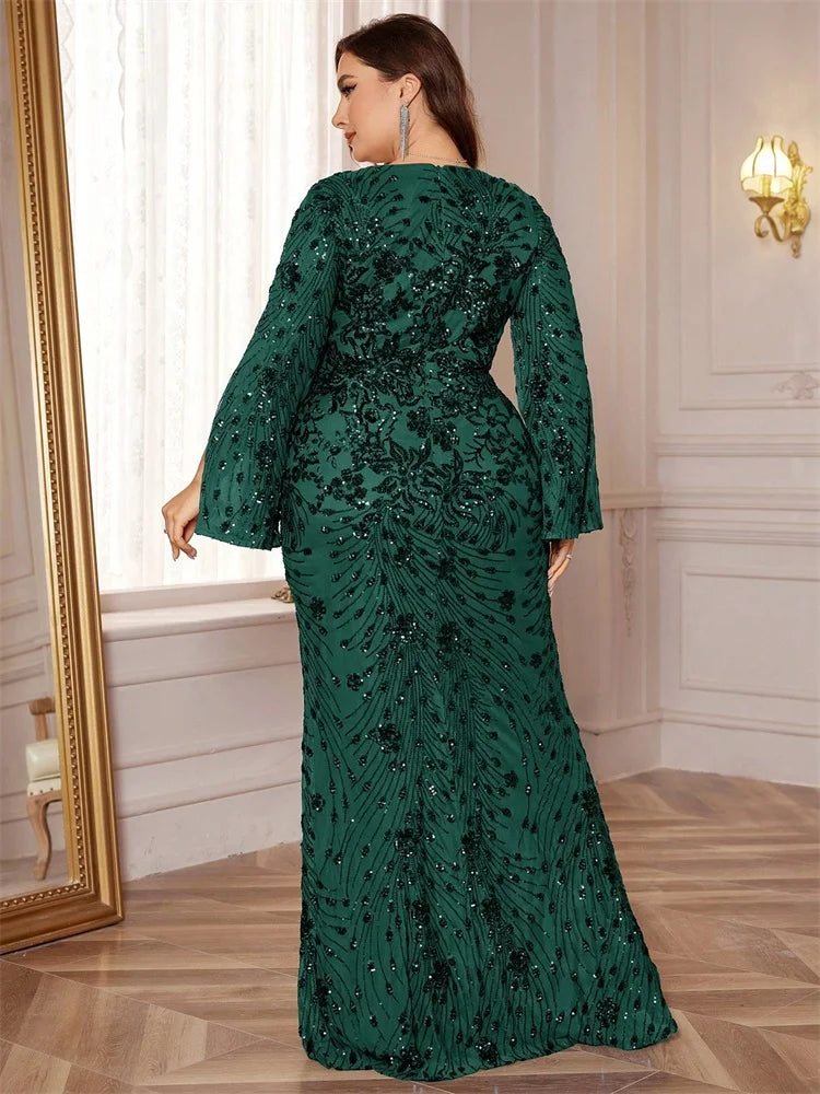 Lucyinlove Plus Size Luxury Gold Evening Dresses Women 2025 Long Sleeve Mermaid Formal Sequins Prom Wedding Party Cocktail Gowns
