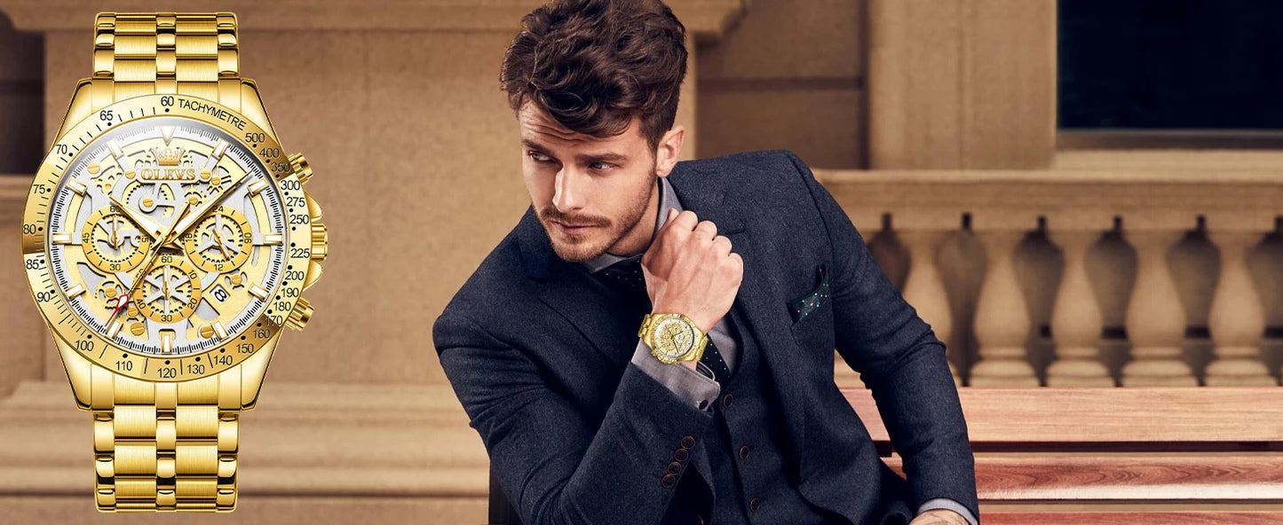 OLEVS Lxuxry Brand Gold Men's Watches Full Skeleton Stainless steel Chronograph Wristwatch Waterproof Luminous Quartz Watch Men