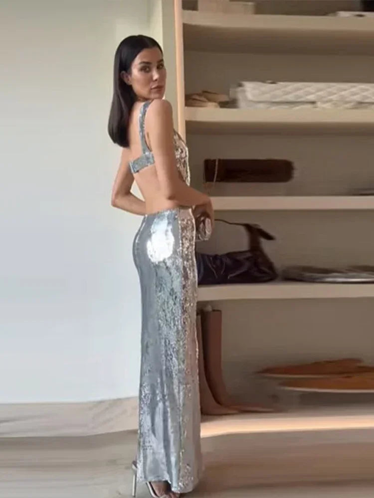 Jinia sexy sling backless silvery party women dresses evening luxury sequins bodycon sleepveless long dress ladies ball gown hot