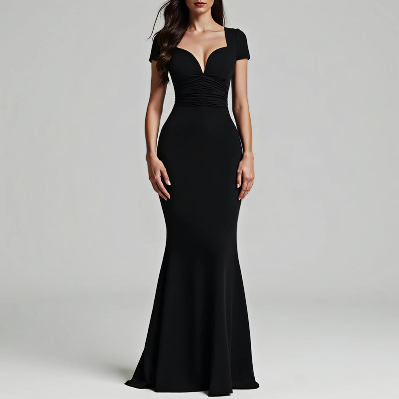 Vestidos femininos Mia Muse para todas as estações, festa, elegante, cor sólida, manga curta, decote profundo, maxi trompete