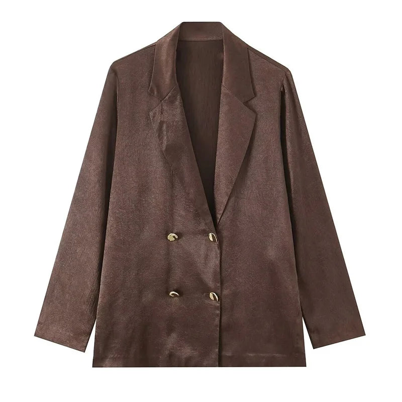 Women's Suit 2026 Spring New Style Reddish-Brown Long Sleeve Draped Pleated Decorative Simple Blazer and Trousers Set Fashion