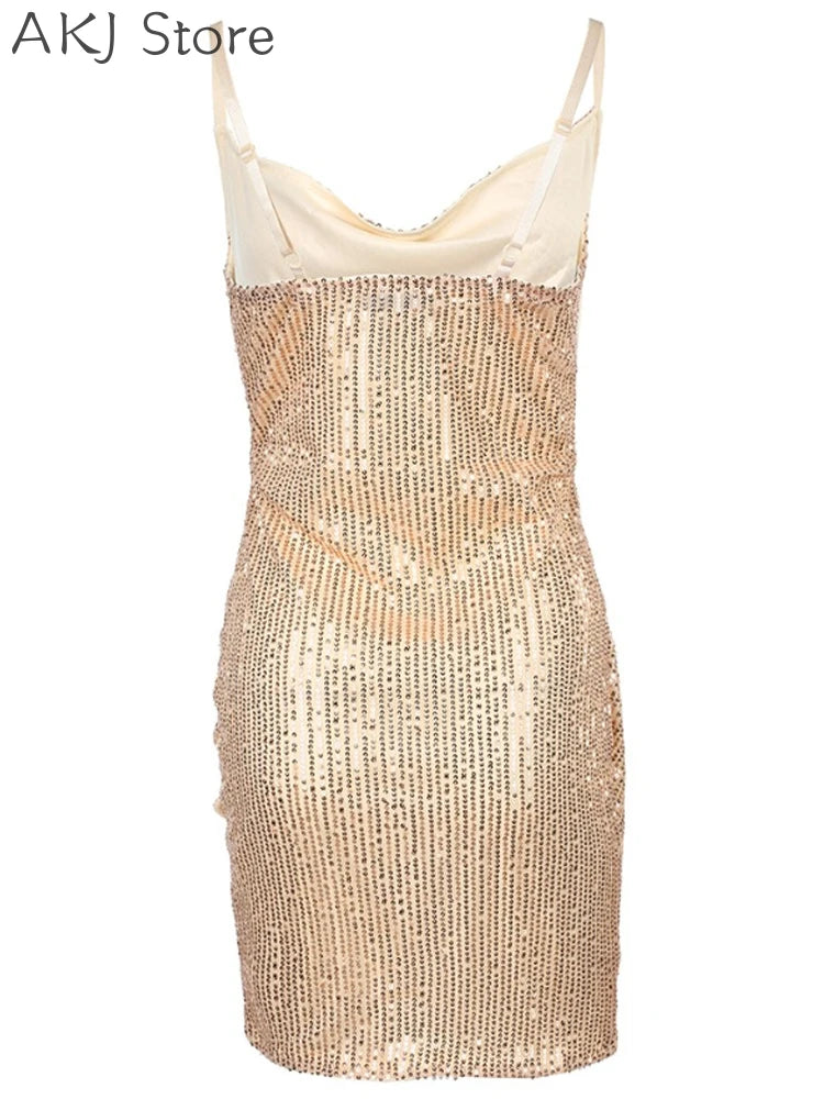 Women Spaghetti Strap Sleeveless Ruched Mini Sequin Dress