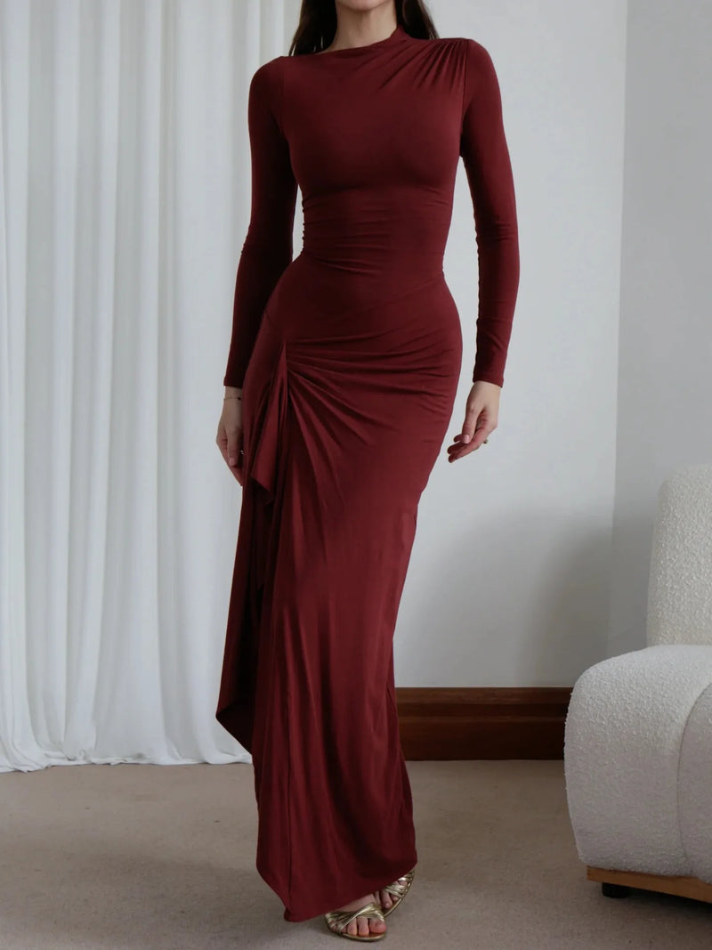 Elegant White Ruched Dresses Womens Long Sleeve Curvy Slit Evening Luxury Party Dress Winter Evening Black Gowns Red Prom Robe
