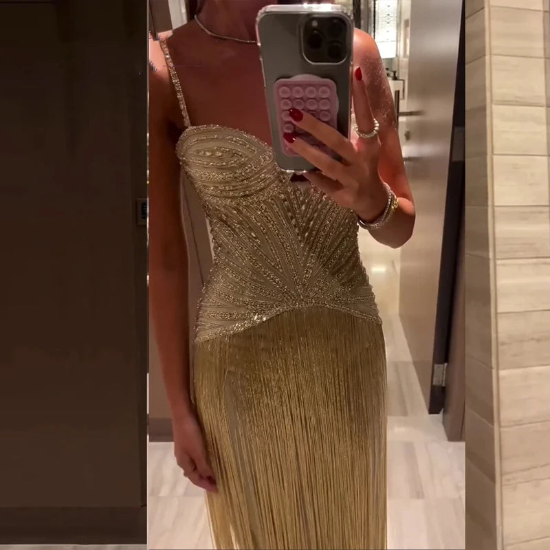 Sexy Off Shoulder Sleeveless Suspender Dress Women's Elegant High Waist Slim Tassel Long Dress Fashion Draped Solid Long Dress