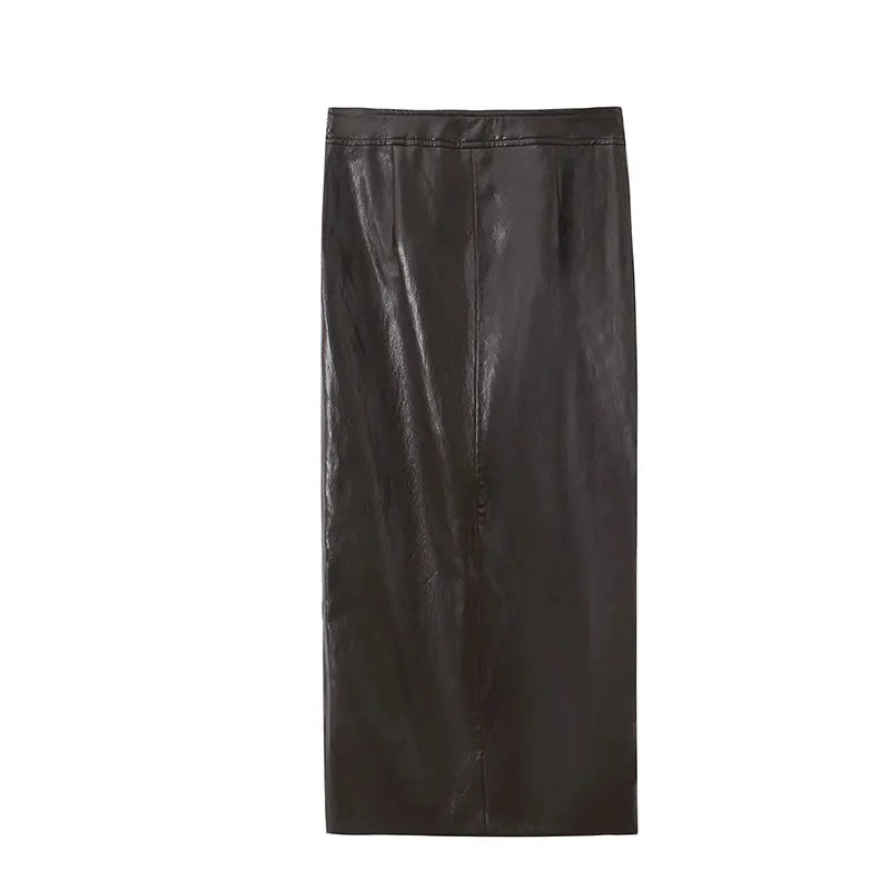 NLZGMSJ Vintage Faux Leather Casual Women Solid Suit O-Neck Zipper Belt Vest Zipper Long Straight Skirt Fashion 2026 Spring Sets