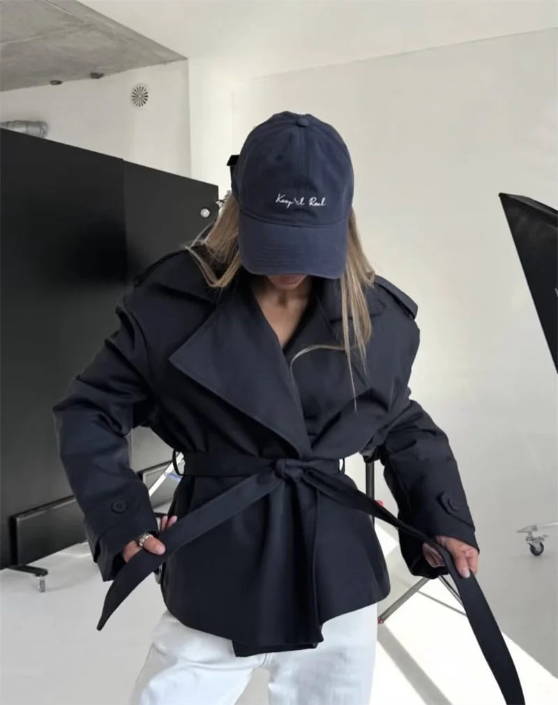 Women's Coat 2026 Spring New Style Solid Color Long Sleeve Belted Short Trench Coat European and American Personalized Fashion