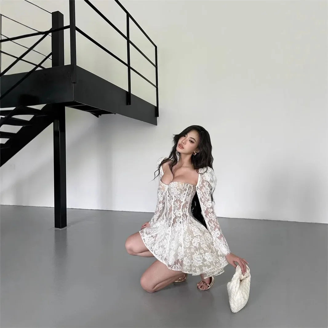 Spring Summer Vietnamese Design Mini Dress Lace Hollow out Puff Sleeve Square Collar Waist Cinched Pleated Low Waist Line