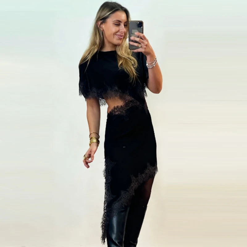 HXAO Cut Out Black Dress Woman Asymmetrical Lace Midi Dress Cape Sleeve Elegant Party Dresses Women Sexy Luxury Cocktail Dress