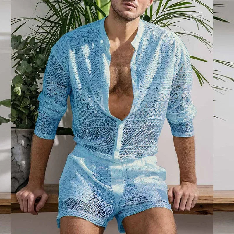 Conjuntos masculinos de manga comprida, camisa com recorte de renda, shorts casuais, terno masculino de duas peças