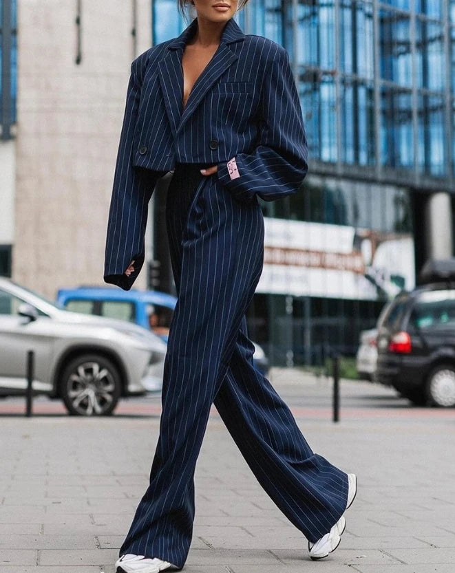 Women's Pant Suits Autumn Fashion Street Ladies Office Work Formal Long Sleeve Striped Blazer & Straight Leg Pants Suit - CRAVO ROSE