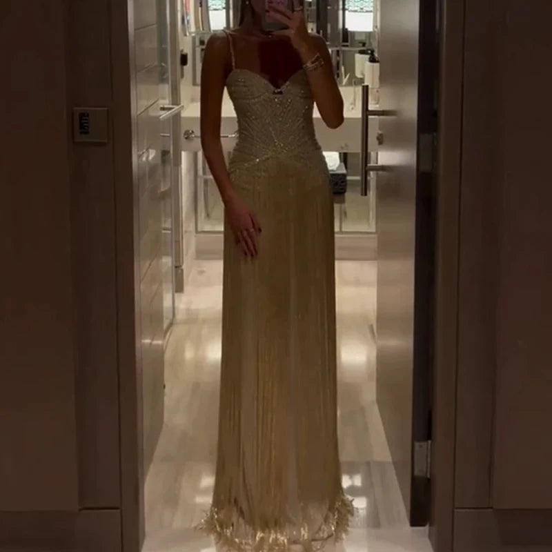 Sexy Off Shoulder Sleeveless Suspender Dress Women's Elegant High Waist Slim Tassel Long Dress Fashion Draped Solid Long Dress