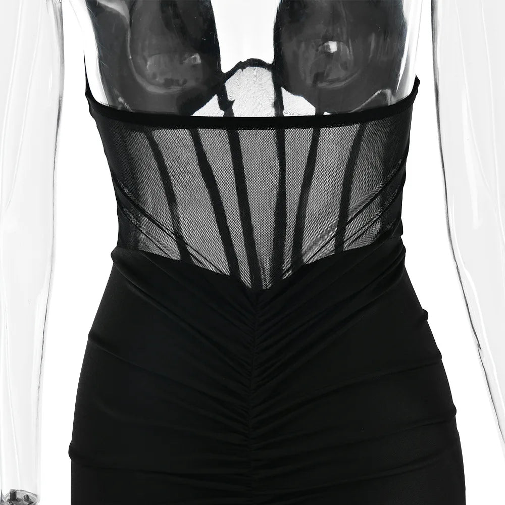 Elegant White Long Curvy Dress Women's Halter Deep V Backless Black Mesh Ruched Maxi Dresses Evening Party Cocktail Robe Summer