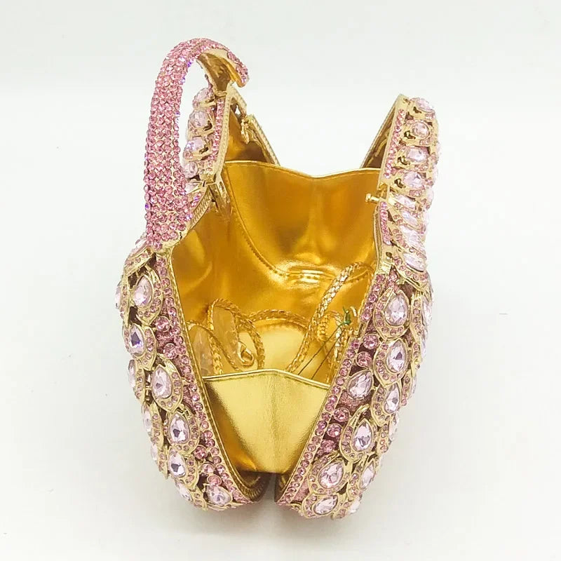 Boutique De FGG Pink Crystal Rhinestone Clutch Handbag Women Metal Minaudiere Top Handle Tote Purse Wedding Party Evening Bag