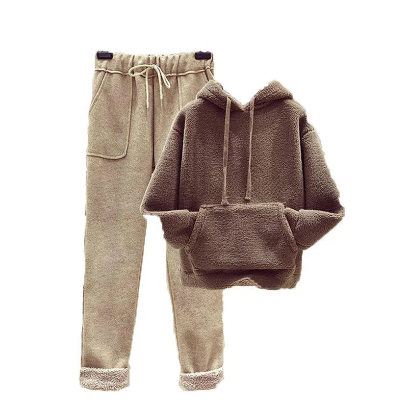 Thickened Lamb Velvet Set Women's Autumn Winter New Embroidery Sweatshirt Woolen Wide Leg Pants Two Piece Set Casual Style