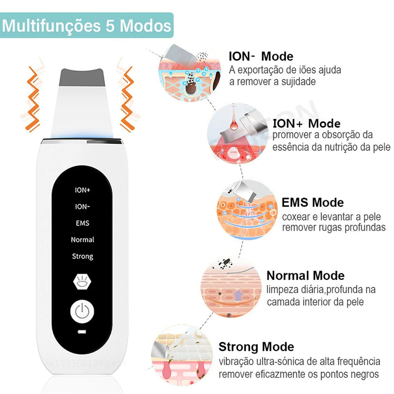 Esfoliante ultrassônico para pele, limpeza profunda ultrassônica do rosto, peeling, removedor de cravos, pá de limpeza facial, lifting, cuidados com a pele