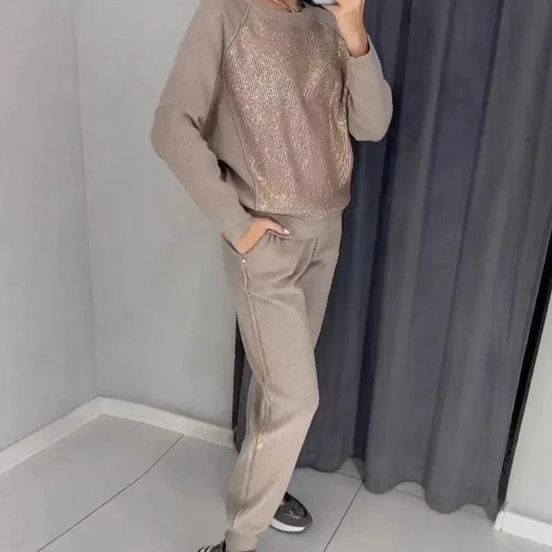 Fashion Diamonds Patchwork Women's Suits Sport Drawstring Hooded Sweatshirt and Long Pants Sets 2025 Vestidos Leisure Sportswear