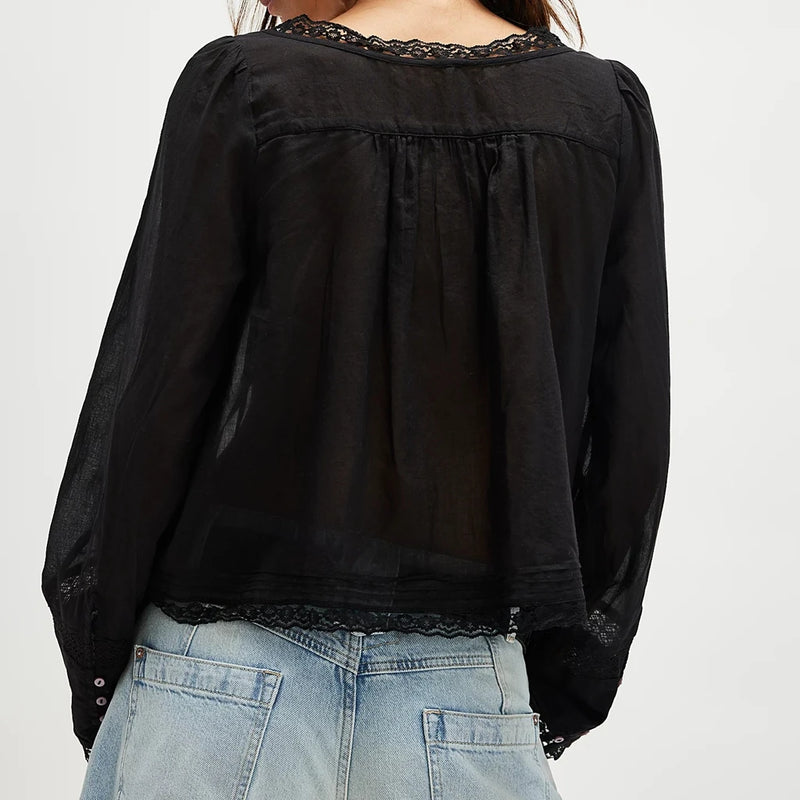 Blusa feminina Combhasaki Y2K Fairy, manga comprida, gola quadrada, patchwork de renda, amarração frontal transparente, blusa curta com botões