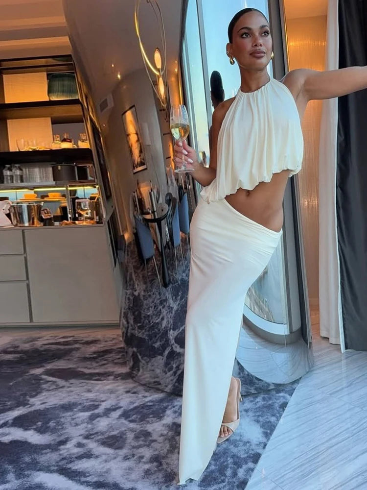 Kliou Elegant Style 2 Piece Set Woman Summer Trend Halter Backless Irregular Tank Tops+Long Skirts Vacation Beach Party Outfits