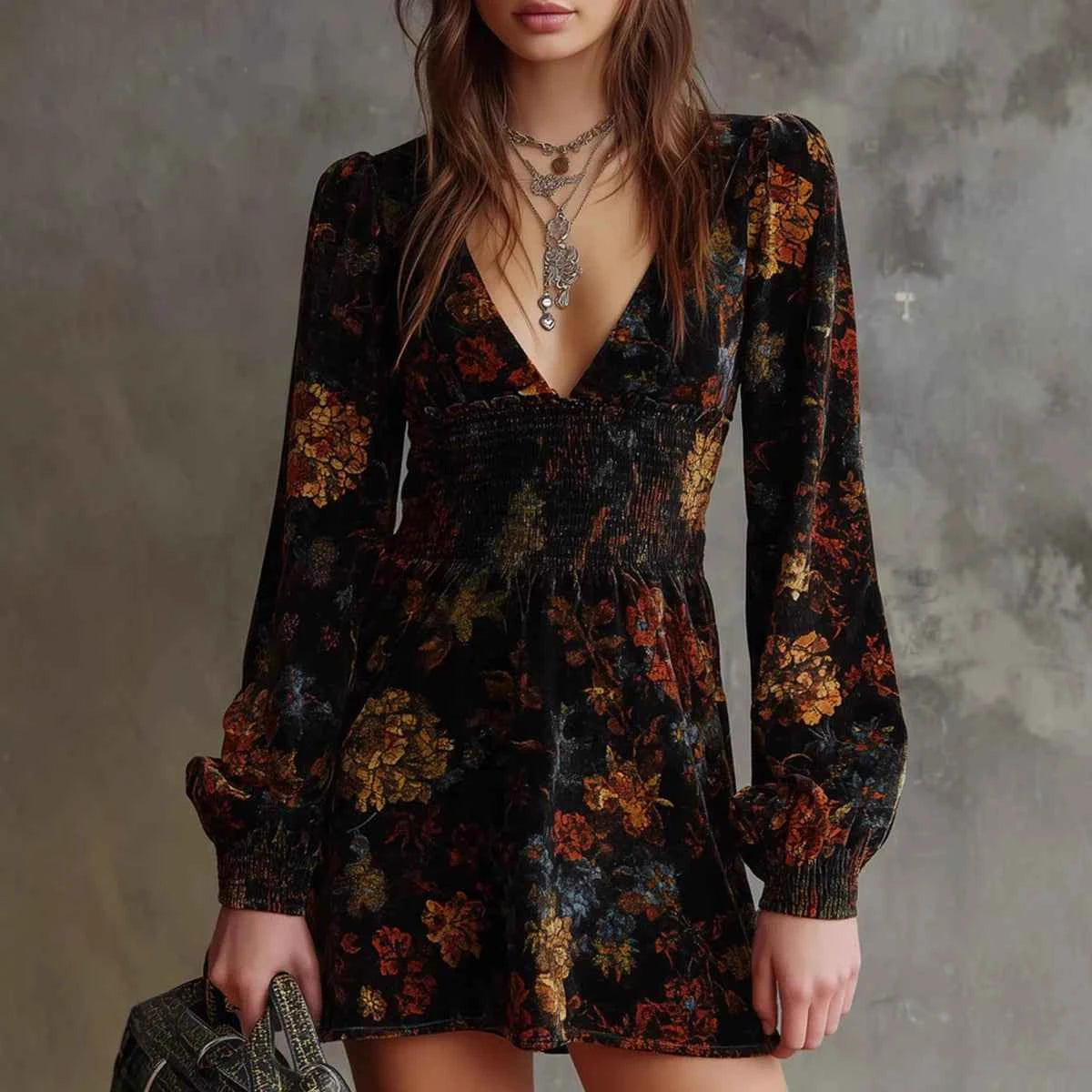 Fashion Autumn Sexy V-neck Long Sleeve Women's Dress Elegant Flower Print Mini Evening Dress Temperament Waist Party Dresses