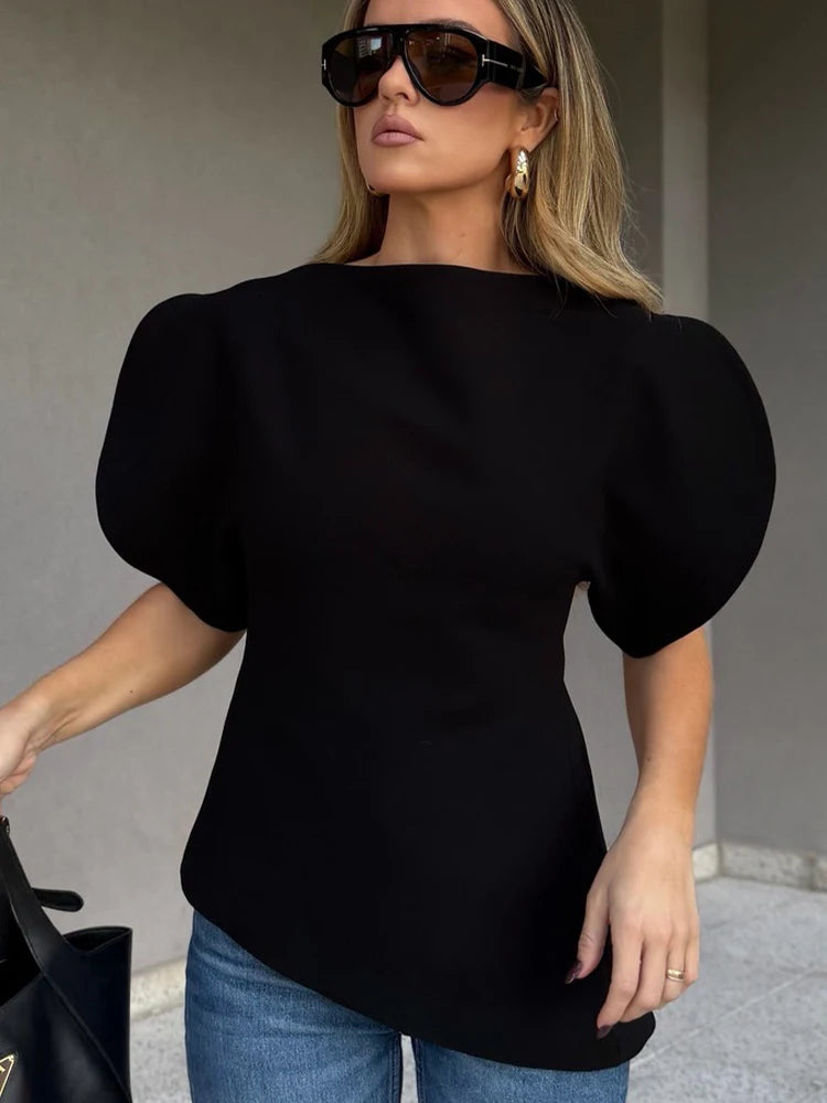 SLTNX Women's Elegant Vintage Short Puff Sleeve O-Neck Asymmetrical Hem Blouse - 2026 Spring Summer Y2K Streetwear Top