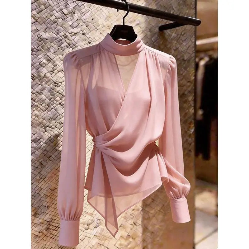 Elegant V-Neck Long Sleeve Women's Shirt Asymmetric Fashionable Versatile Top for Summer Season French Style Slim Fit Shirt