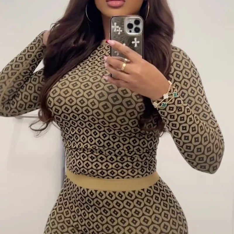 Conjunto de calças femininas elásticas, elegantes, com estampa slim fit, gola redonda, manga comprida, top curto, 2025, novas roupas femininas para primavera