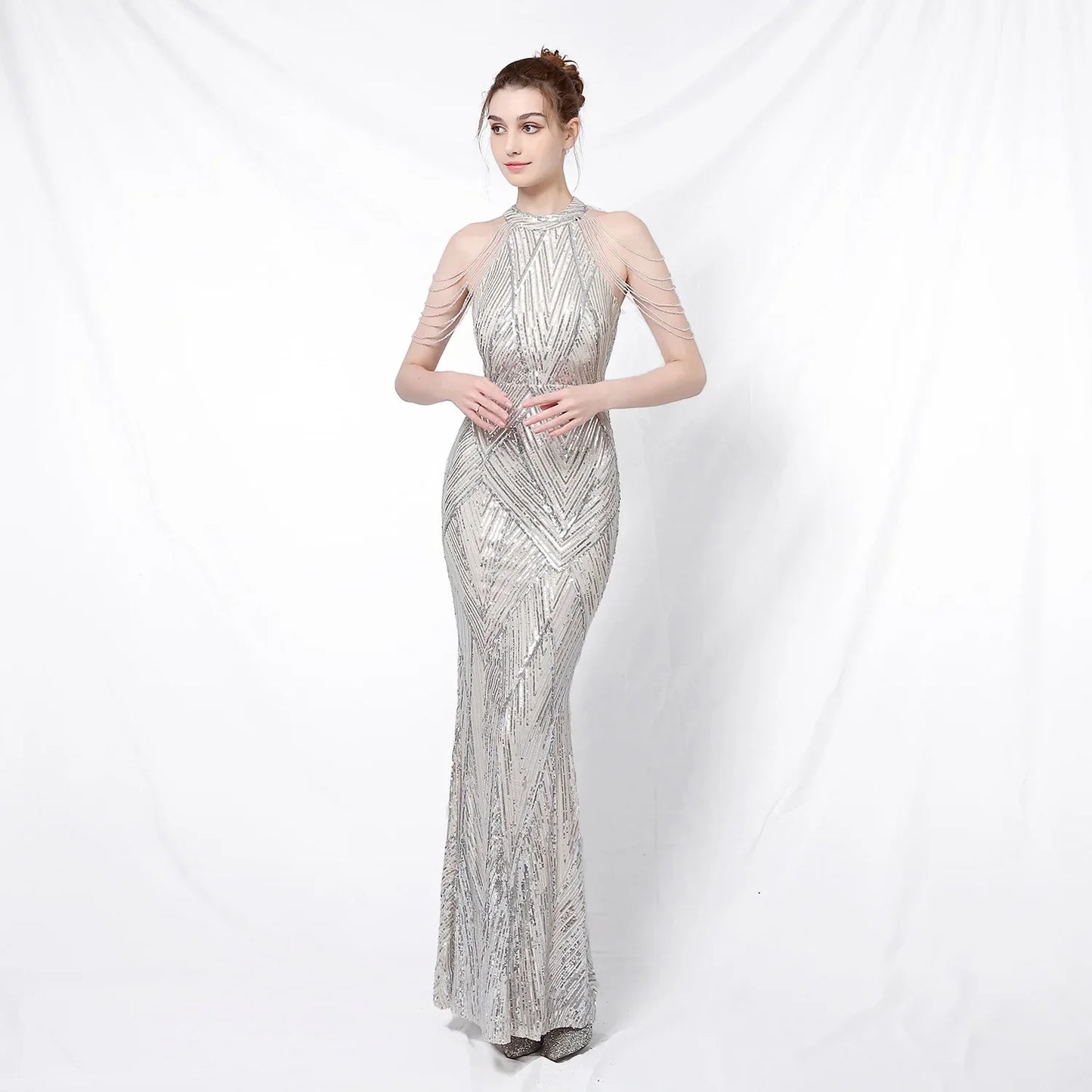 Xmas Sequin Maxi Dress Halter Neck Stripe Mermaid Long Lady Coctail Prom Dress Party Evening Dancing Performance Shimmering Wear