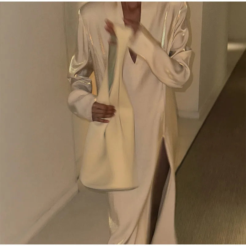 Fashion Solid Shiny Laser Color Splicing Long Dress Chic V Neck Full Sleeves Split Maxi Dresses Spring Women New Party Vestidos
