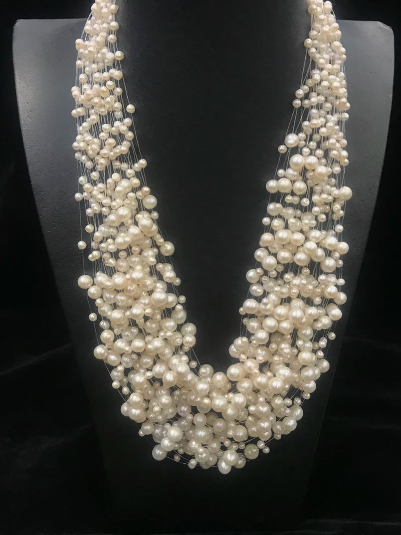 Colar de pérolas naturais de água doce com múltiplas camadas para mulheres, joias da moda, 30 camadas
