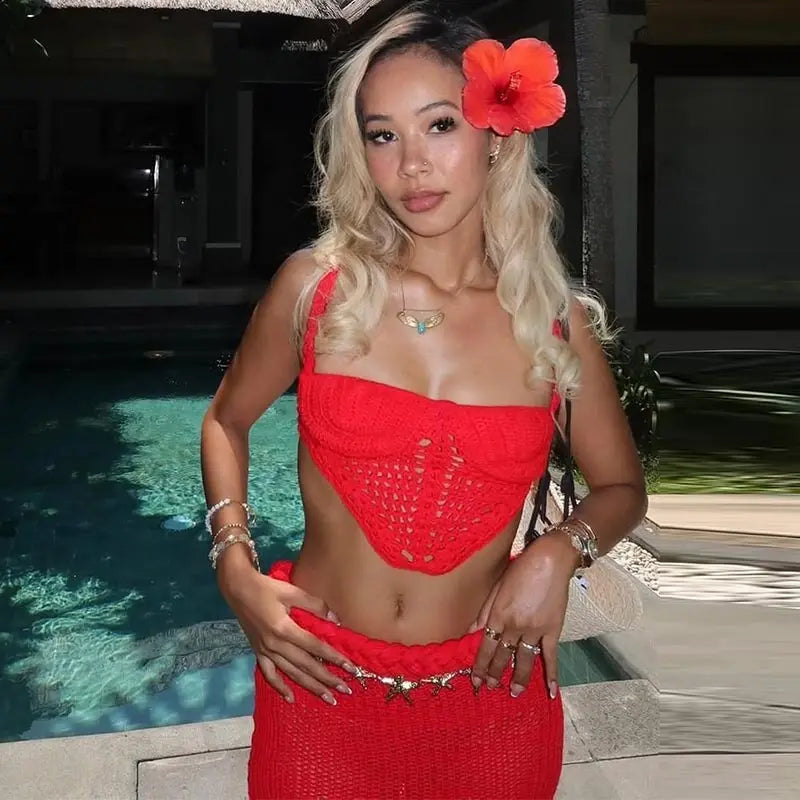 Sexy Knit Crop Tops Skirt Sets Women Sleeveless Backless Sling Tank Long Hip Package Skirts 2025 Holiday Beach 2 Piece Set Lady
