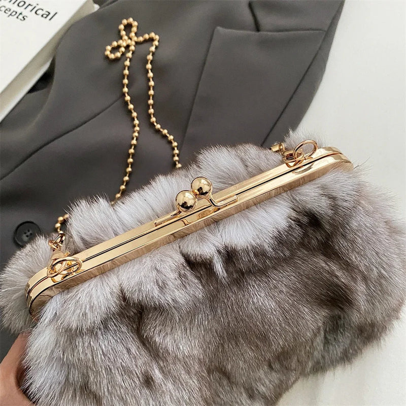 Soft Plush Evening Bags for Elegant Women Fox Fur Dinner Party Clutch Chain Crossbody Winter Warm Luxury Designer Handbags