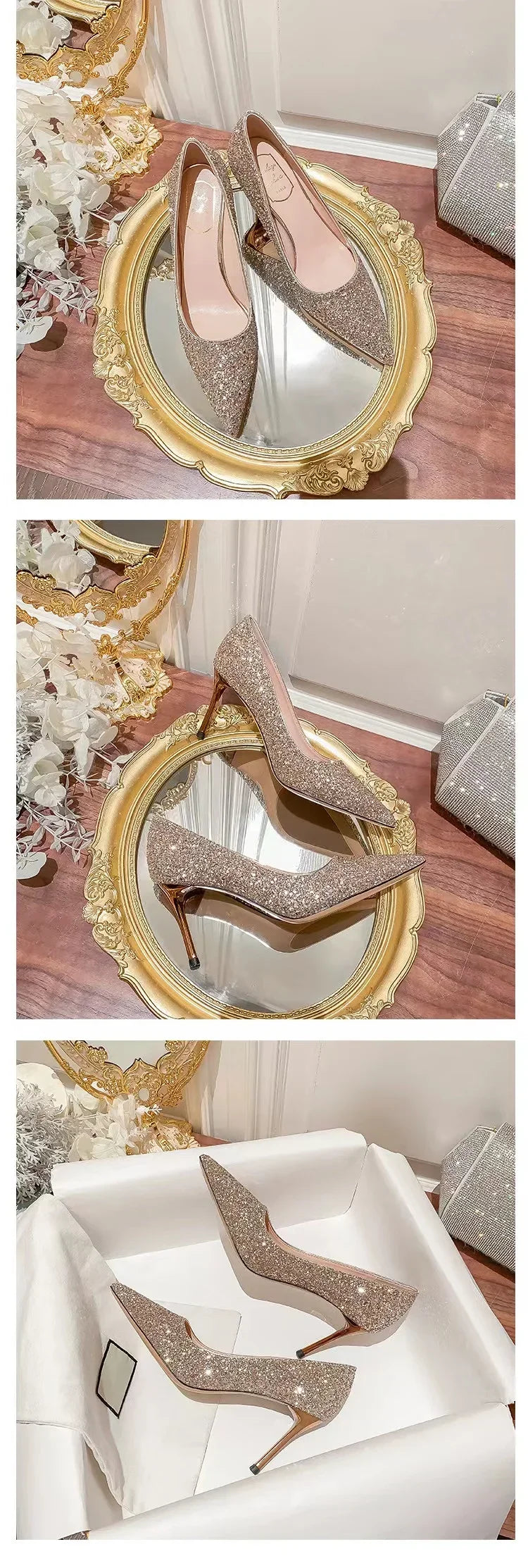 Sapatos de salto alto femininos dourados para casamento, saltos de noiva, sandálias de festa elegantes de grife, vestido, banquete, lantejoulas, sandálias de tacón