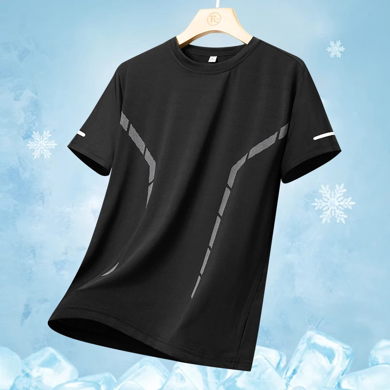 Camiseta masculina de manga curta, de seda gelada, de secagem rápida, para o verão, ideal para corrida ao ar livre, fitness e esportes.