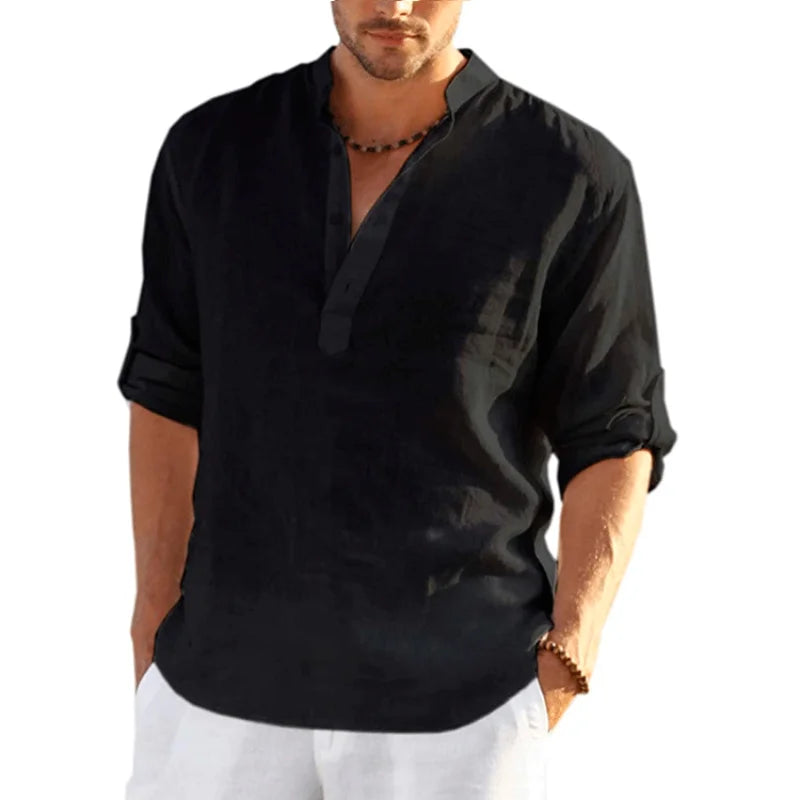 Camiseta masculina de linho manga longa cor sólida solta casual camiseta manga longa algodão linho camisa S-5XL