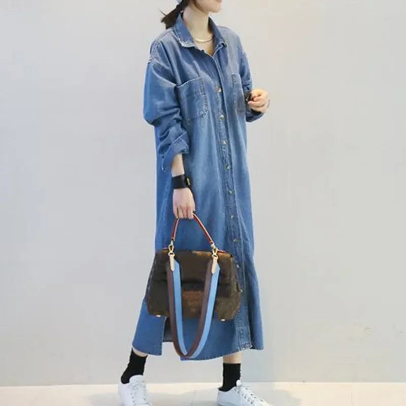 New Spring Denim Dress Women Clothing Loose Long Sleeve Shirt Dress Female Vintage Single-breasted Maxi Denim Dresses Q5664