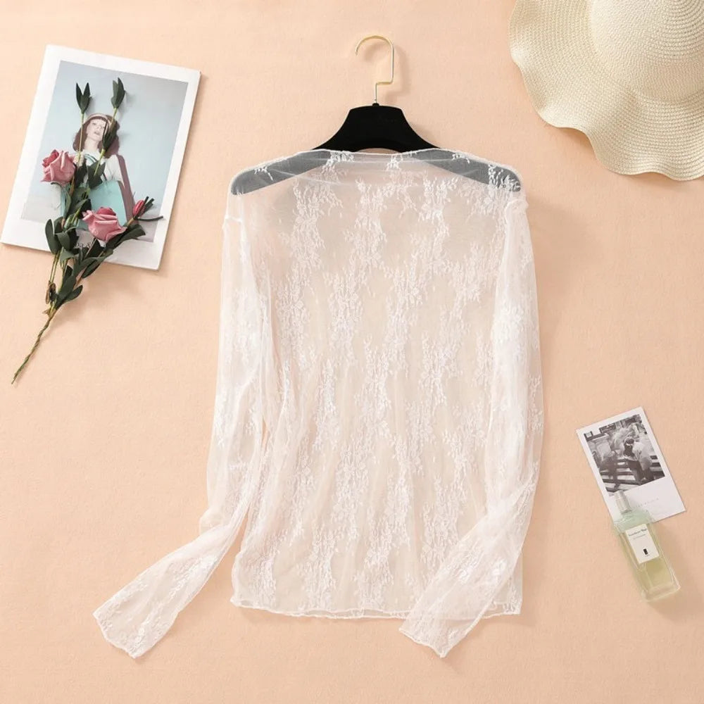 New Half High Collar Lace Shirt Transparent Perspective Long Sleeve Women Clothing Hollow Bottom Shirt Ladies