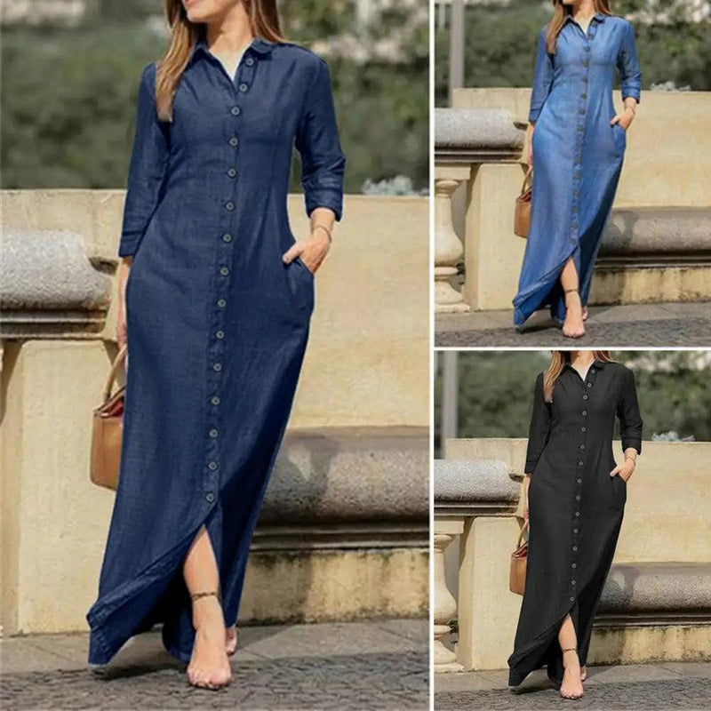 Charming Denim Dress Slim Soft Texture Solid Color Buttons Closure Long Dress Two Pockets Maxi Dress for Vacation - CRAVO ROSE