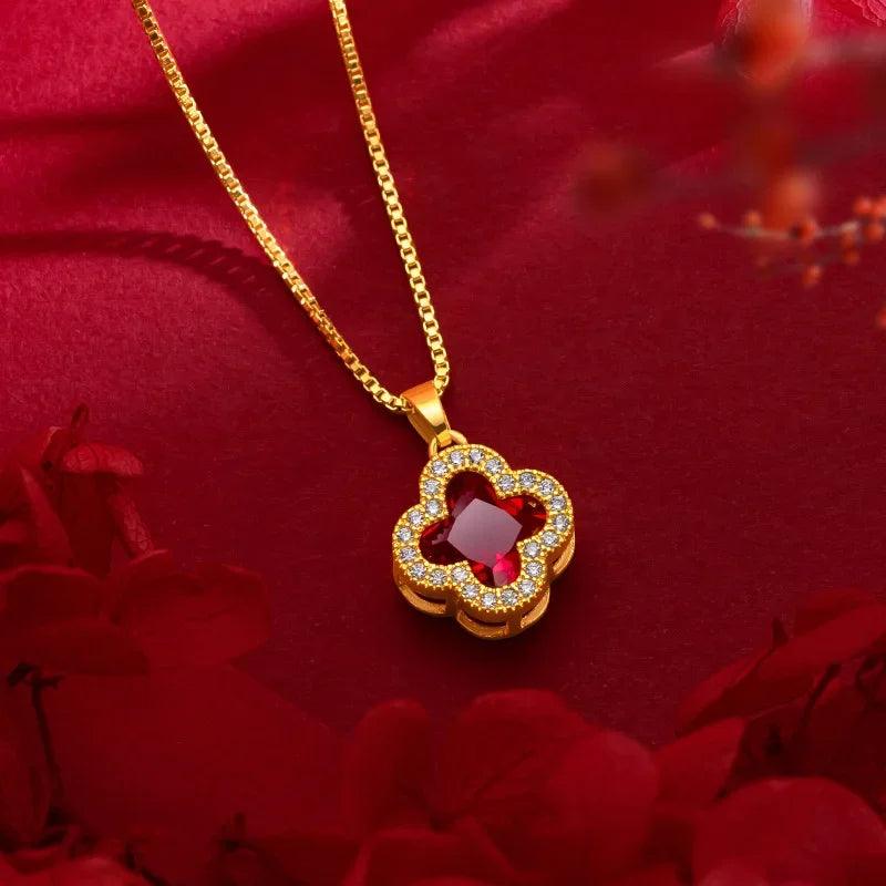 9999 real gold 24K yellow gold Light Luxury Micro Set Ruby Clover Necklace - CRAVO ROSE