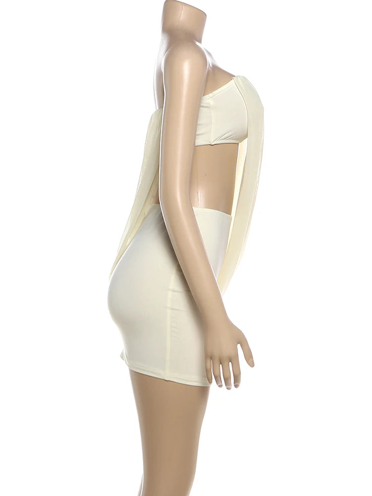 Nibber Chic 2Piece Set Women Fashion Mesh Ruched Patchwork Irregular Hem Tank Top+Peach Hip Skirts Sexy Party Club Elegant Suits